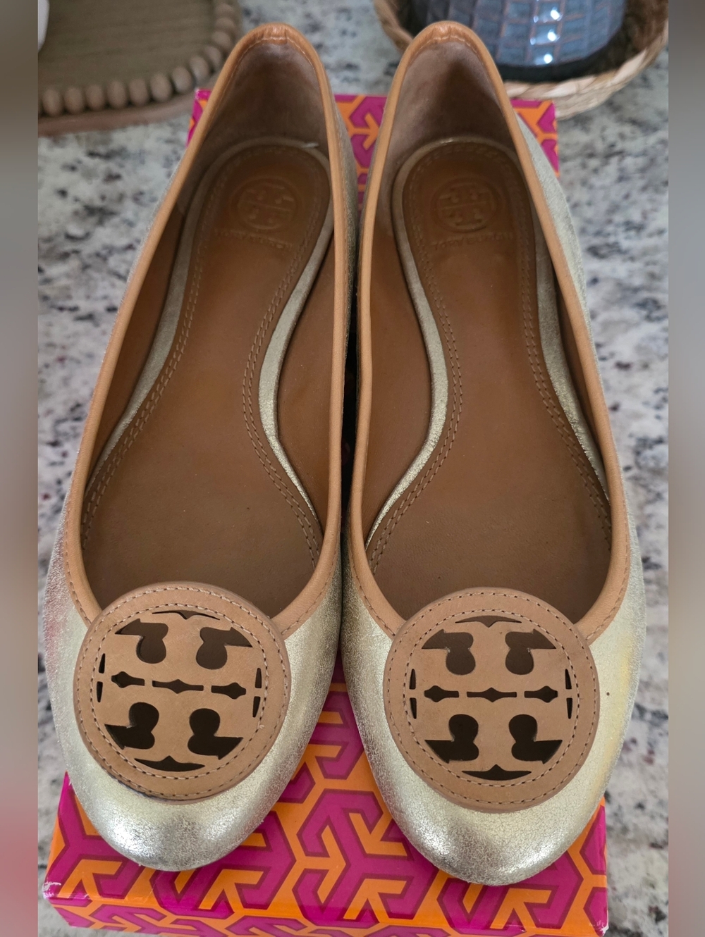 Tory Burch Platinum/Metallic Gold Leather Louisa Ballet Logo Flats